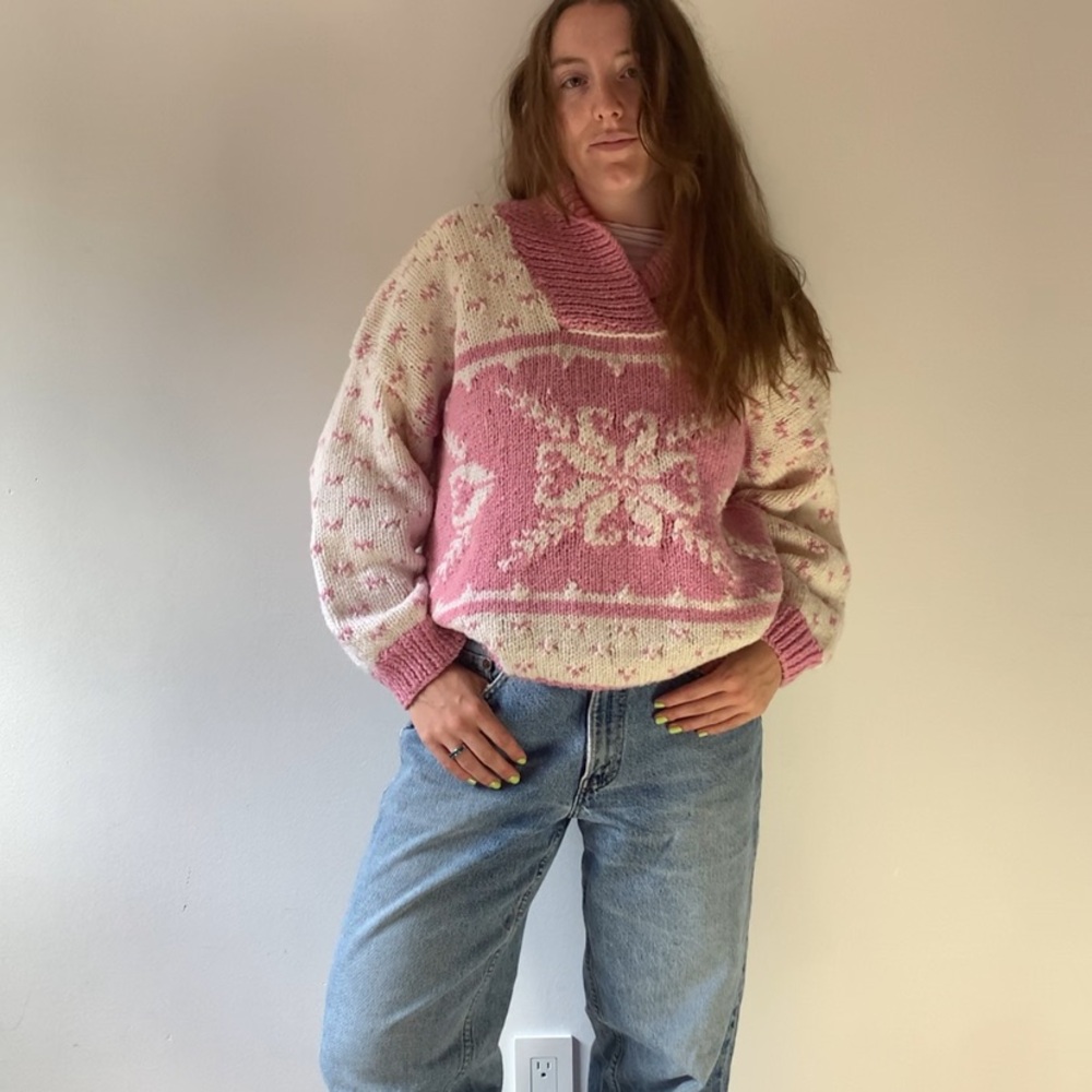 Handmade Knitted Pink and Cream V-Neck Sweater
